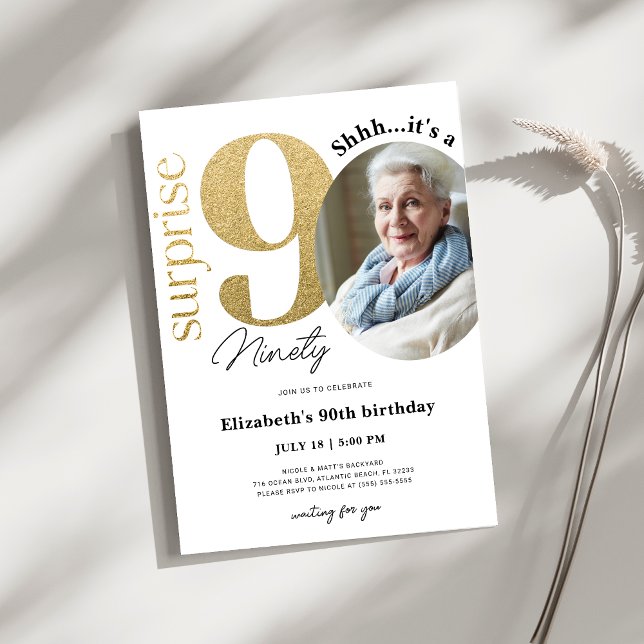 Surprise 90th Gold Birthday Invitation with Photo (Creator Uploaded)