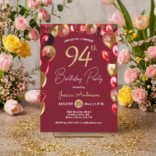 Surprise 94th Birthday Party Gold Burgundy Glitter Invitation