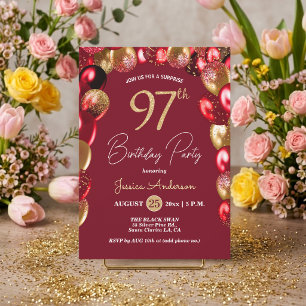 Surprise 97th Birthday Party Gold Burgundy Glitter Invitation