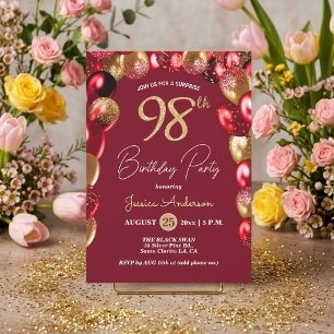 Surprise 98th Birthday Party Gold Burgundy Glitter Invitation