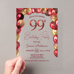 Surprise 99th Birthday Party Gold Burgundy Glitter Acrylic Invitations