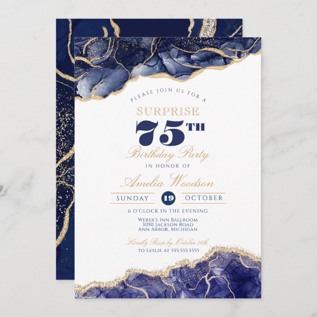 Surprise Adult 75th Birthday Elegant Navy Agate Invitation (Front/Back)