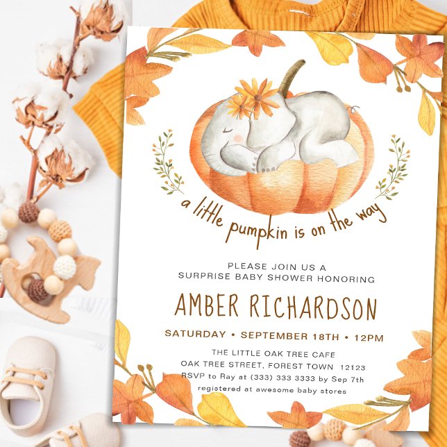 Surprise Baby Shower Autumn Pumpkin Girl Elephant Invitation (Creator Uploaded)
