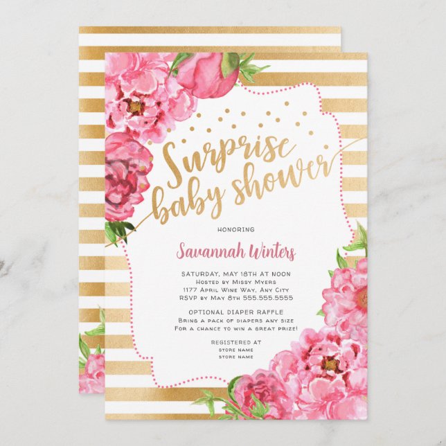 Surprise Baby Shower  |  pink gold peonies Invitation (Front/Back)