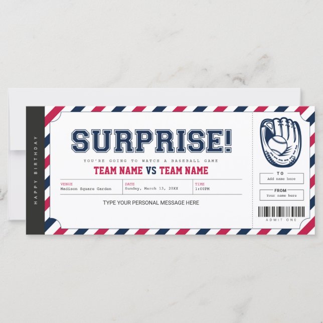 Surprise Baseball Game Personalised Gift Ticket (Front)