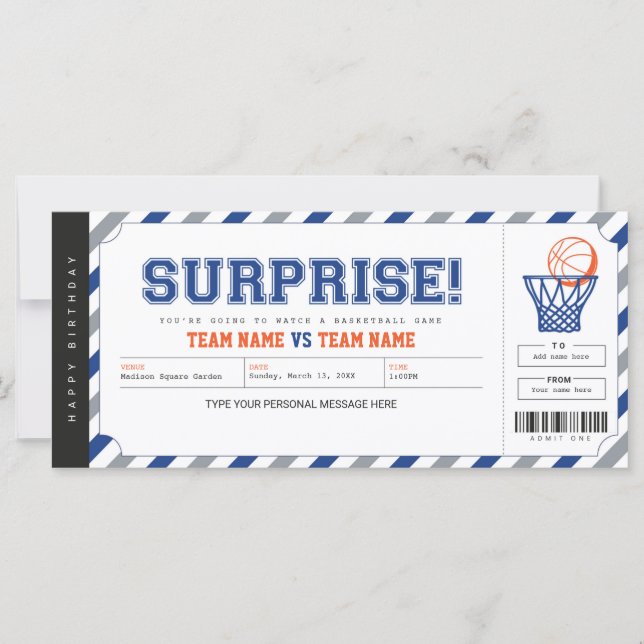 Surprise Basketball Game Stadium Gift Ticket (Front)