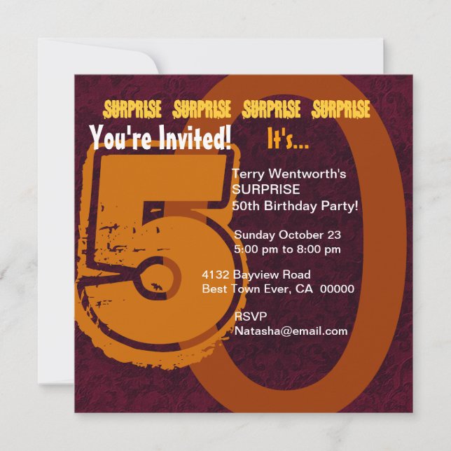 SURPRISE Big 50th Birthday Burgundy Gold F001 Invitation (Front)