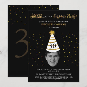 Surprise Birthday Black Gold Funny Face Photo Invitation