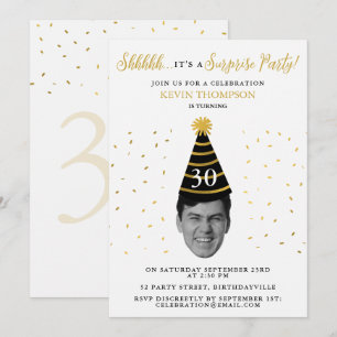 Surprise Birthday Black Gold Funny Face Photo Invitation