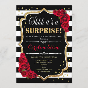 Surprise Birthday - Black White Stripes Red Roses Invitation