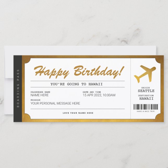 Surprise Birthday Boarding Pass Plane Gold Ticket (Front)