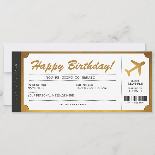 Surprise Birthday Boarding Pass Plane Gold Ticket Invitation (Front)