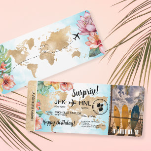 Surprise Birthday Boarding Pass Trip Ticket Hawaii Invitation