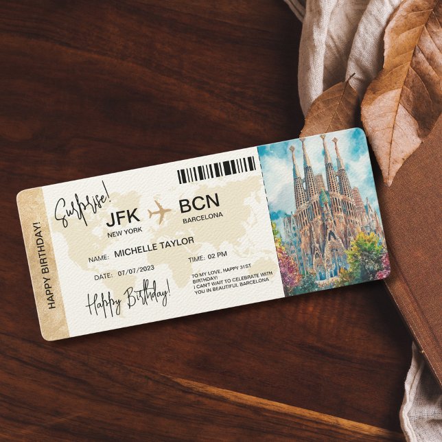Surprise Birthday Boarding Pass Trip Ticket Invitation (surprise boarding pass ticket trip to barcelona with watercolor illustrated map)