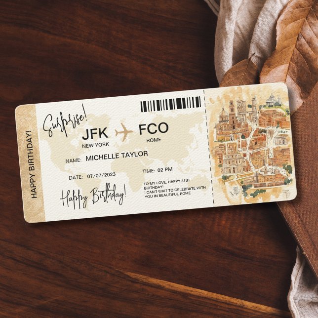 Surprise Birthday Boarding Pass Trip Ticket Invitation (surprise boarding pass ticket trip to rome with watercolor illustrated map)