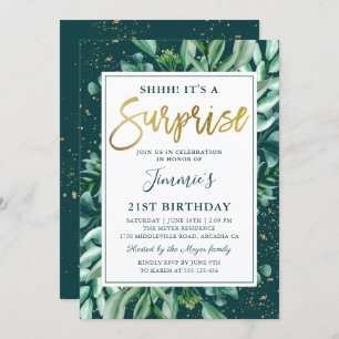 Surprise Birthday Chic Greenery Gold Glitter Invitation