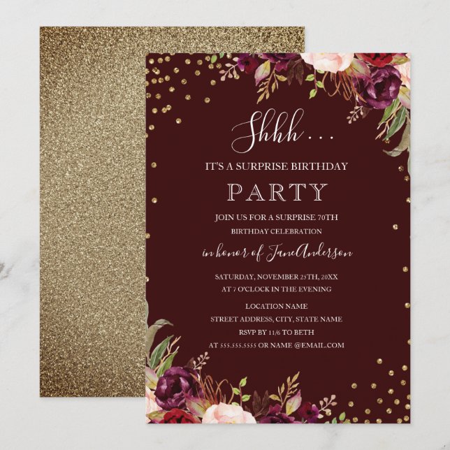 Surprise Birthday Gold Confetti Burgundy Floral Invitation (Front/Back)