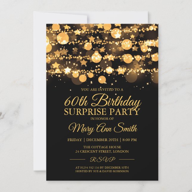 Surprise Birthday Gold Sparkling Lights & Stars Invitation (Front)