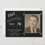 Surprise birthday invitation<br><div class="desc">This surprise birthday invitation is perfect for any age!  A classic look featuring fun white script on a black background. Customise with your information,  age and photo.</div>