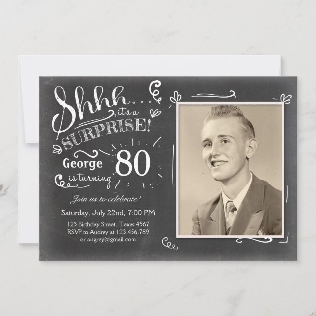 Surprise birthday invitation 80 Chalkboard Rustic (Front)