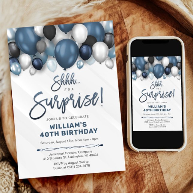 Surprise Birthday Invitation with Blue Balloons (Surprise Birthday Invitation with Blue Balloons)