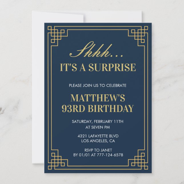 Surprise Birthday Navy blue Gold Men 93rd birthday Invitation (Front)