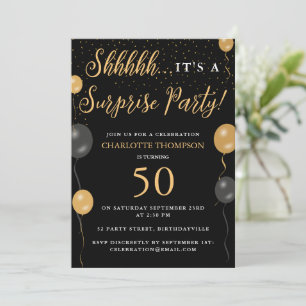 Surprise Birthday Party Black Gold Balloons Invitation
