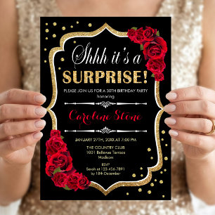 Surprise Birthday Party - Black Gold Red Roses Invitation