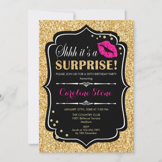 Surprise Birthday Party - Black Pink Gold Invitation (Front)