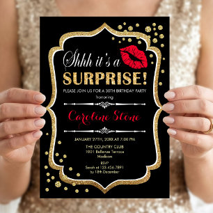 Surprise Birthday Party - Black Red Gold Invitation