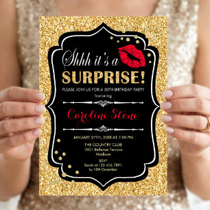 Surprise Birthday Party - Black Red Gold Invitation