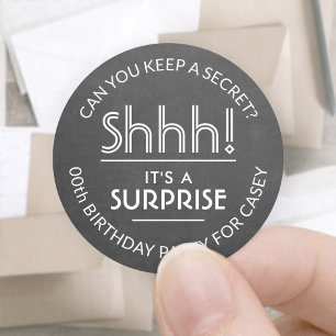 Surprise Birthday Party Black & White Chalkboard Classic Round Sticker