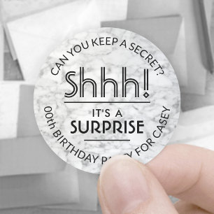 Surprise Birthday Party Black & White Marble Classic Round Sticker