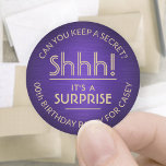 Surprise Birthday Party Brushed Purple and Gold Classic Round Sticker<br><div class="desc">Shhh! It's a Surprise! Add an elegant personalised touch to surprise birthday party invitations, decorations, and favours with custom purple and gold stickers / envelope seals. Design features a faux brushed stainless steel background and stylish modern typography. All text on these labels is simple to customise for any year birthday...</div>