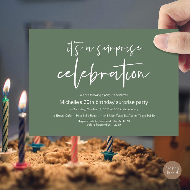 Surprise Birthday Party Celebration Invitation (Surprise Birthday Party Celebration Invitation Card, PDF, in Forest Sage Green)