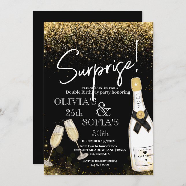 Surprise Birthday Party Champagne Black Gold   Invitation (Front/Back)