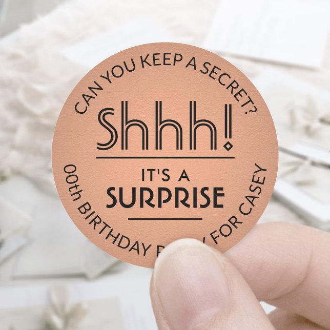 Surprise Birthday Party Copper Faux Foil and Black Classic Round Sticker (Creator Uploaded)