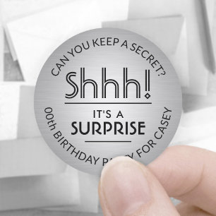 Surprise Birthday Party Elegant Black and Grey Classic Round Sticker