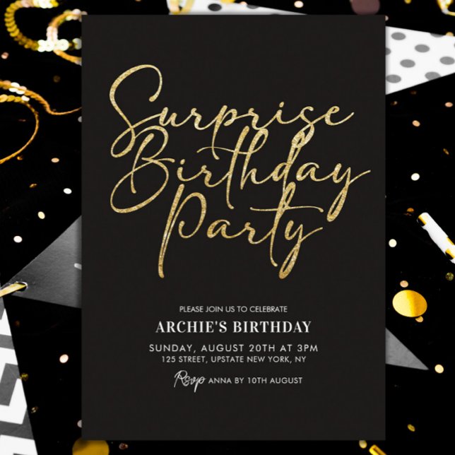 Surprise Birthday Party Elegant Black & Gold  Invitation (it's a surprise invitation template gold glitter black and gold modern )