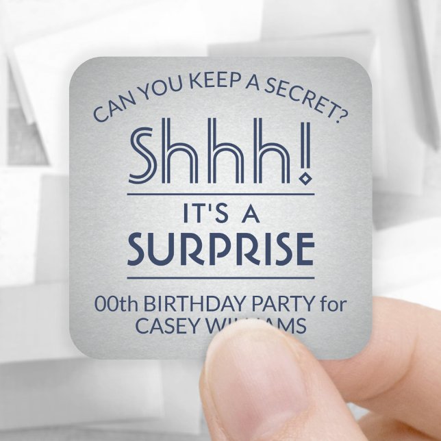 Surprise Birthday Party Elegant Navy Blue and Grey Square Sticker (Creator Uploaded)