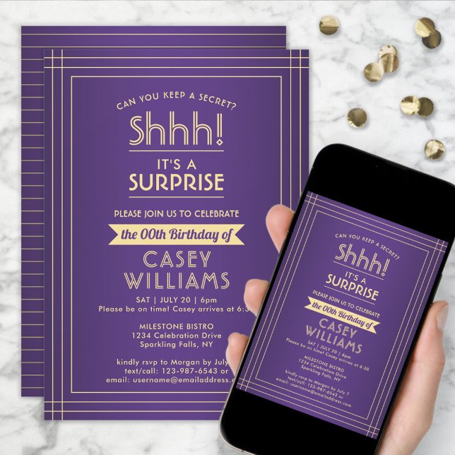 Surprise Birthday Party Elegant Purple and Gold Invitation (Creator Uploaded)