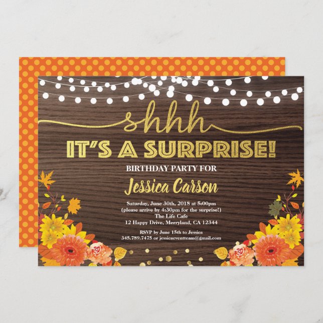 Surprise birthday party fall rustic wood floral invitation (Front/Back)