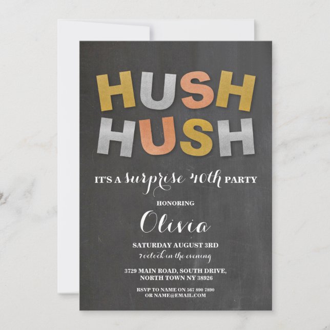 Surprise Birthday Party Hush Hush Chalk Metallic Invitation (Front)
