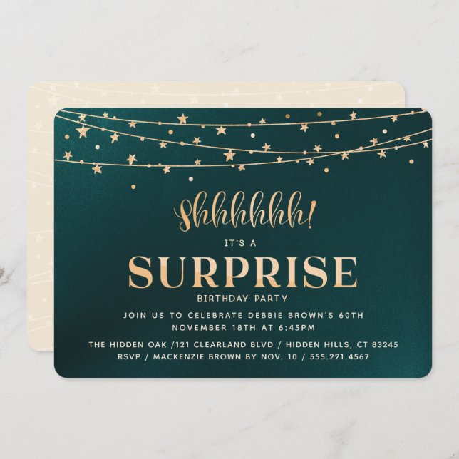 Surprise Birthday Party Invitation, gold Invitation (Front/Back)
