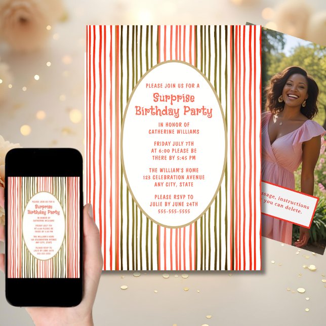 Surprise Birthday Party Invite Any Age Stripes (Creator Uploaded)