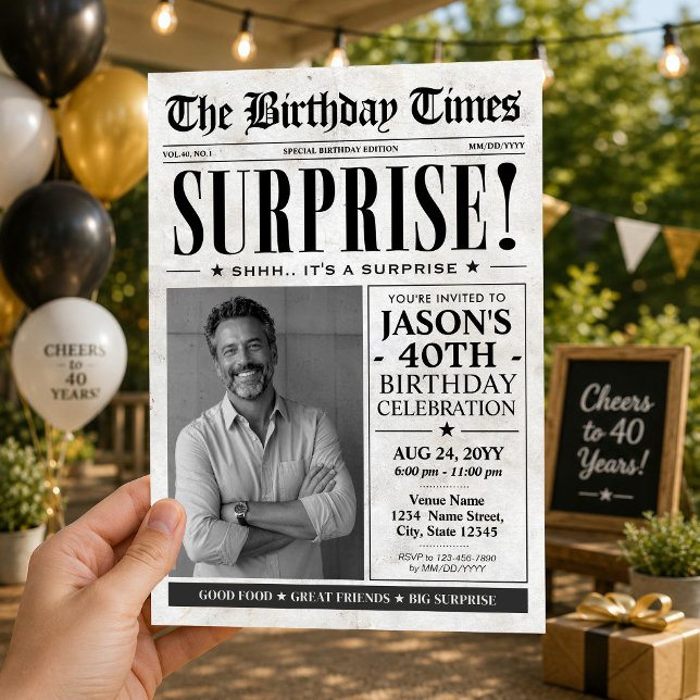 Surprise Birthday Party Invite, Birthday Newspaper Invitation (Custom Birthday Newspaper Surprise Birthday Invitation)