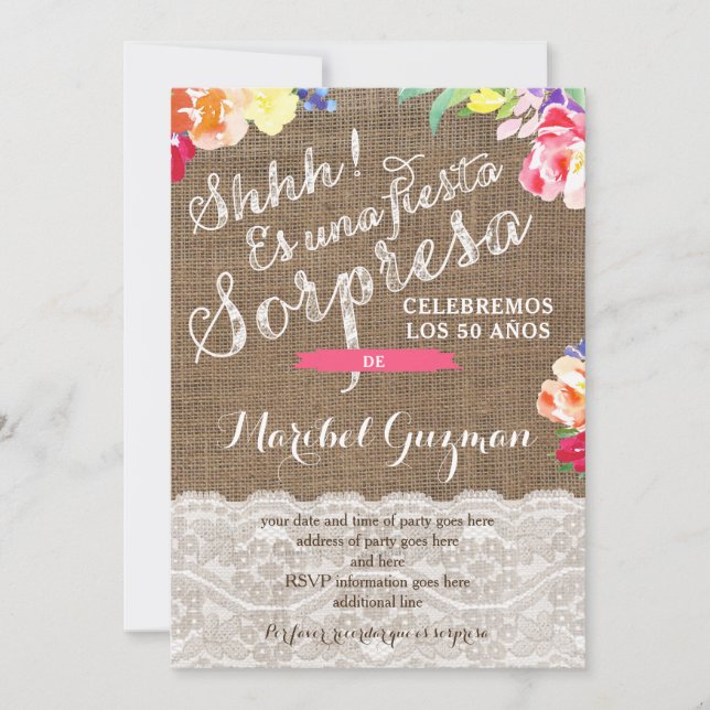Surprise birthday party invites for Lady, Spanish (Front)