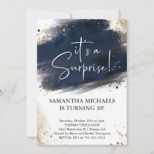 Surprise Birthday Party navy and gold Watercolor Invitation