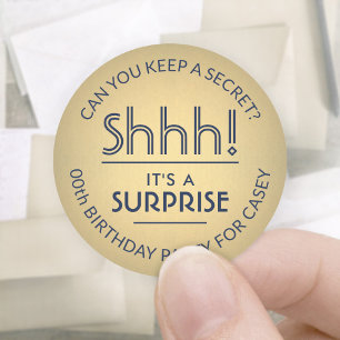 Surprise Birthday Party Navy Blue & Gold Faux Foil Classic Round Sticker