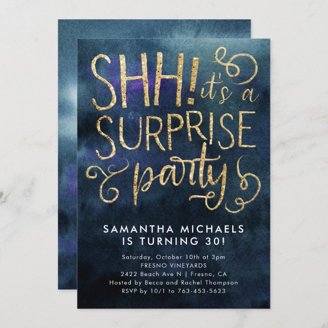 Surprise Birthday Party Navy Blue Gold Invitation (Front/Back)